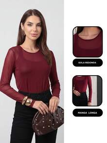 Women's Tulle Blouse With Long Sleeves And Round Neck - Elegant Premium Quality - 酒紅色 - 查看 2