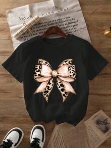 Camiseta de Talla Grande para Mujer con Estampado de Leopardo y Lazo - Top Casual de Manga Corta con Cuello Redondo y Lazo Decorativo, Ropa de Uso Diario para Primavera/Verano, Ropa de Talla Grande - Camiseta Vintage de Estilo Urbano Unisex de Algodón Suelto con Cuello Redondo y Manga Corta - Negro - Ver 7