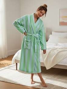 Womens Plush Soft Robe Long Sleeve Belted Striped Bathrobe With 2 Pockets For Spa, Pool - 綠松石色 - 查看 2