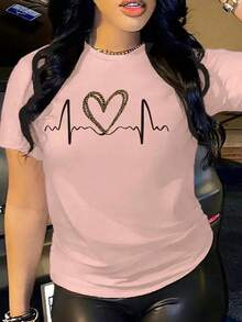 Camiseta básica de algodón de manga corta con estampado de leopardo y corazón para mujer - Rosa vieja - Ver 1