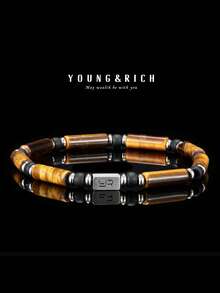 YOUNG&RICH YOUNG & RICH 男士虎眼石串珠手链 - 天然圆柱形虎眼石弹力手链,搭配哑光黑色和不锈钢隔珠,大地色系男士疗愈饰品 - 棕色 - 查看 2