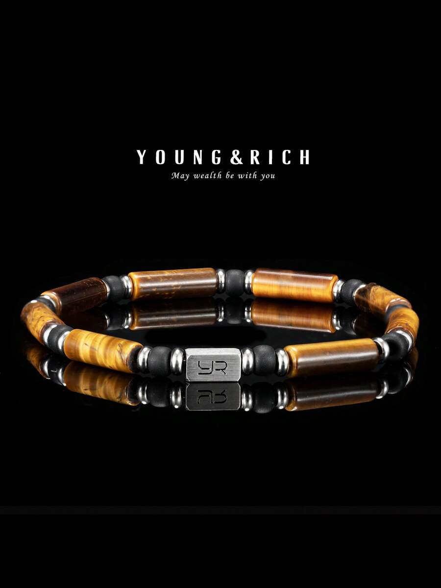 YOUNG&RICH YOUNG & RICH 男士虎眼石串珠手链 - 天然圆柱形虎眼石弹力手链，搭配哑光黑色和不锈钢隔珠，大地色系男士疗愈饰品