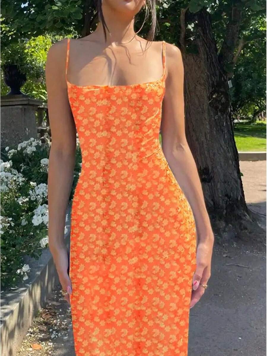 Y2K Vestido largo con estampado floral y tirantes finos, vestido veraniego ajustado con cuello en V profundo, vestidos sexys sin espalda para verano, ropa de calle - E - Ver 1