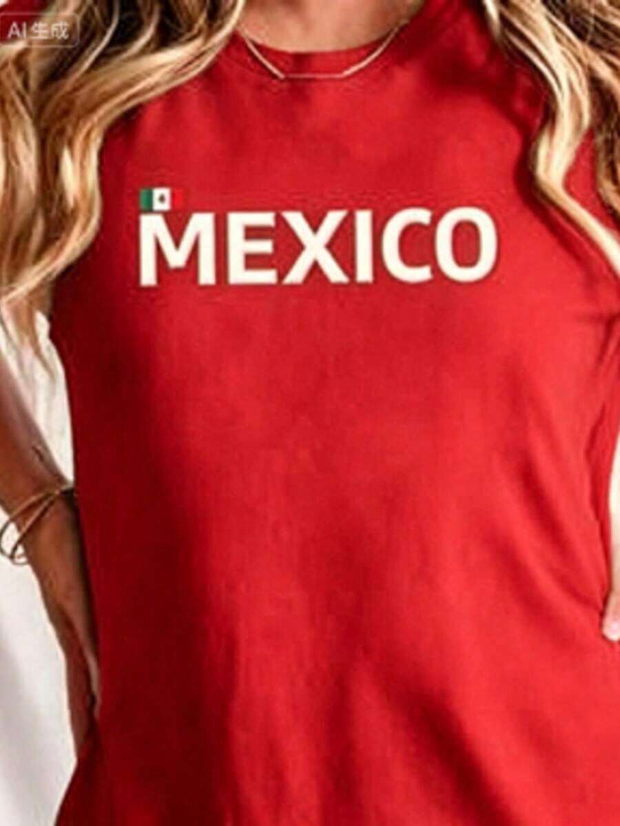 Under The Radar Women's MEXICO Graphic T-Shirt - Casual Green Crew Neck Flag Design Short Sleeve Spring Summer Fashion Casual Wear Graphic T-Shirt Crew Neck Shirt 100% Cotton - Vintage Street Style Unisex Loose Cotton Short Sleeve Crew Neck T-Shirt - 紅色 - 查看 1