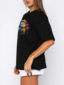 SUPEKYKO Camiseta deportiva para mujer talla grande, top de fitness estampado, cuello redondo holgado de manga corta, top atlético casual para yoga y streetwear - Negro - Ver 3