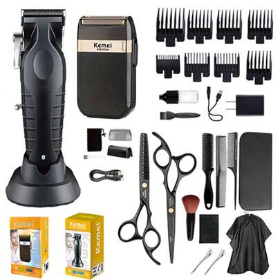 Kit completo de herramientas para peinado: cortador eléctrico + cuchilla de afeitar combinada, peladora profesional para uso doméstico con base, conjunto completo para salón de belleza que incluye herramientas para cortar el cabello, arreglar los rizos y afeitarse la barba.
