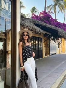Women's Polka Dot Asymmetrical Hem Cami Top, Tie Back Spaghetti Strap Woven Tank For Summer Vacay - Black and White - View 2