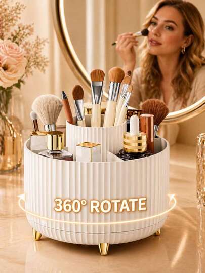 Caja giratoria de almacenamiento de maquillaje, organizador de cosméticos de color blanco crema, soporte para brochas de maquillaje de gran capacidad, organizador de tocador redondo acanalado, adecuado para lápiz labial, perfume, cuidado de la piel, base de maquillaje, aplicable para dormitorio, baño, dormitorio, oficina, regalo