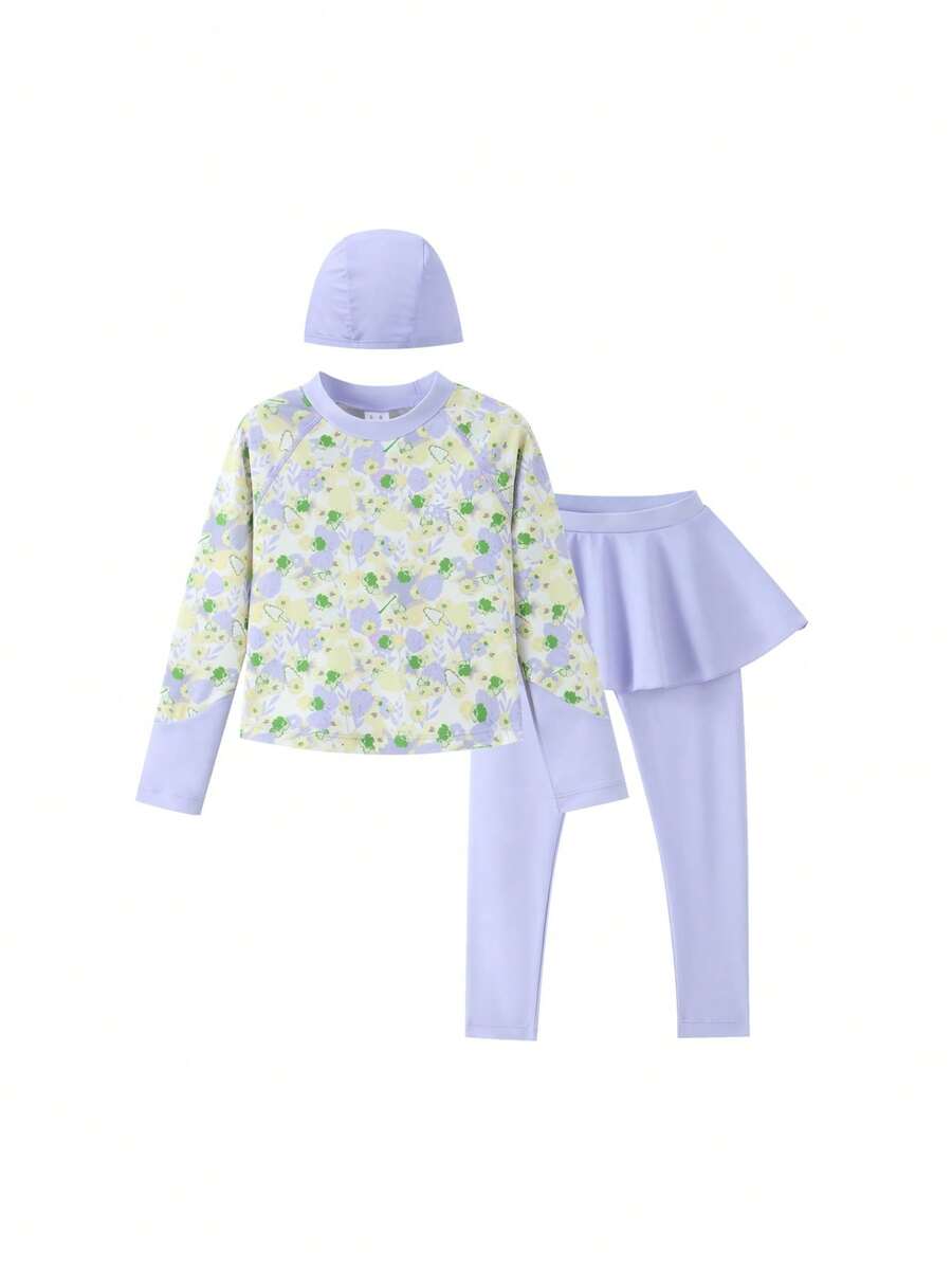 [Floral Print Long-Sleeved Swimsuit Set] Girls' Summer High-Elasticity Water-Repellent Two-Piece Skirt Swimsuit Training Swimwear - Yellow-purple Flowers - View 1