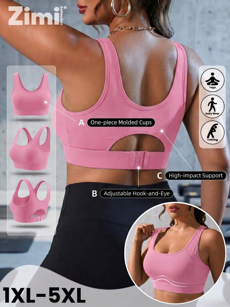 Zimi Collection Sujetador deportivo de alta sujeción para tallas grandes, color negro, con copa moldeada incorporada, espalda en forma de U y ajustable con gancho, para actividades al aire libre, running y entrenamiento