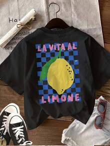 Plus Size, Women's Plus Size Italian-Themed T-Shirt - " Limone" Lemon Print Short Sleeve Crew Neck Blouse-Compatible Top| Casual Spring Summer Outfits Suitable For, Hand Washable Non- Italian Phrase  Ropa Mujer - Black - View 3