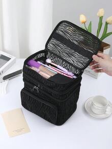 Túi đựng mỹ phẩm 3 lớp đa năng, màu đen, dung tích lớn, thiết kế nhiều ngăn tiện dụng, túi đựng đồ gấp gọn đa chức năng, túi rửa mặt trong suốt có lỗ thoát nước, dễ mang theo, phù hợp cho các hoạt động hàng ngày, du lịch, học sinh, sử dụng tại nhà, thiết kế nhiều ngăn chứa đồ. - màu đen - Xem 2