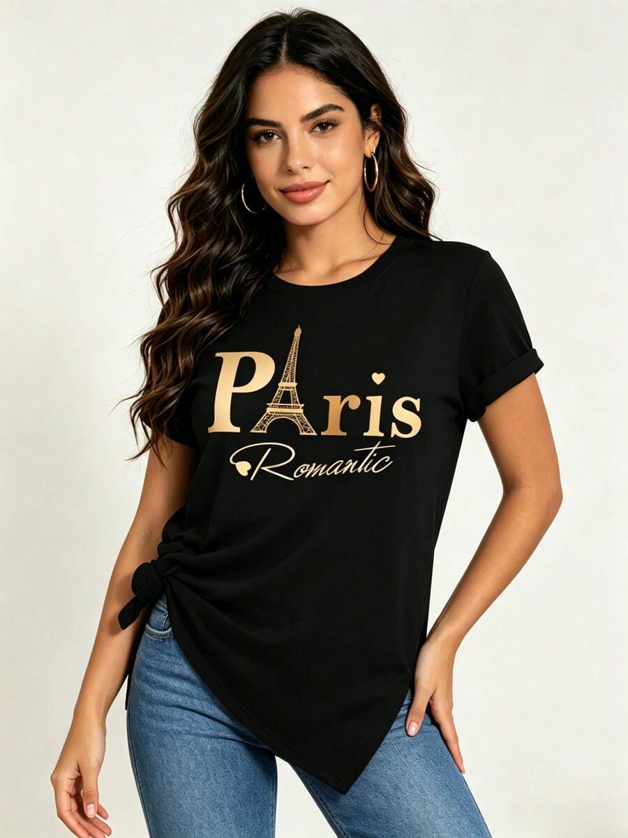 Women's T-Shirt With "Romantic Paris" And Eiffel Tower Print, T-Shirt With Gold Lettering Design And French Style, Casual Clothing With An Elegant And Dreamy Touch - 黑色 - 查看 1