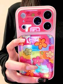 Cute Colorful Dopamine Flower Star Bow Phone Case, Instantly Transform Into 17 Pro Max, 16, 15, 14 Pro Max Series, Artistic Large Window Shock-Proof Protective Cover - Colorful Checkered Flowers - View 2