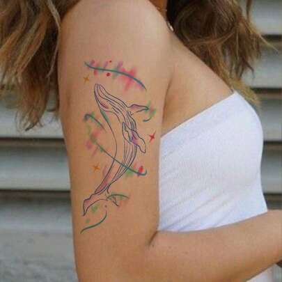 1pc Washable Fresh Watercolor Whale Temporary Tattoo, Niche Elegant Gentle Lasting 2-3 Days Tattoo Sticker