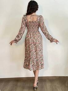 Vestido informal de manga larga para mujer, Vestidos de gasa para otoño y primavera, corte en A, estampado Floral, elástico en el pecho, con cordones, por debajo de la rodilla - fensesuihua - Ver 6