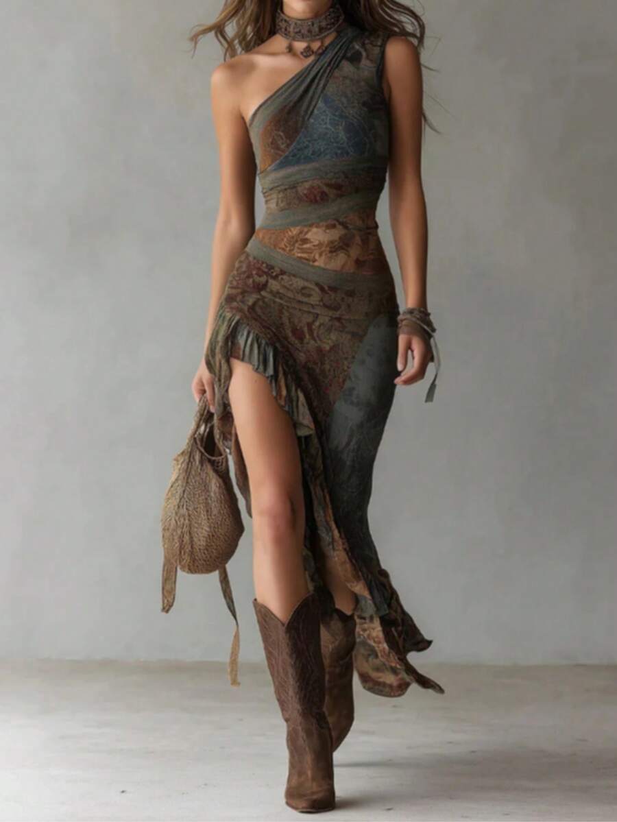 Y2K Grunge Style One Shoulder Maxi Dress, Patchwork Print Asymmetrical Hem Party Dress - 棕色 - 查看 1