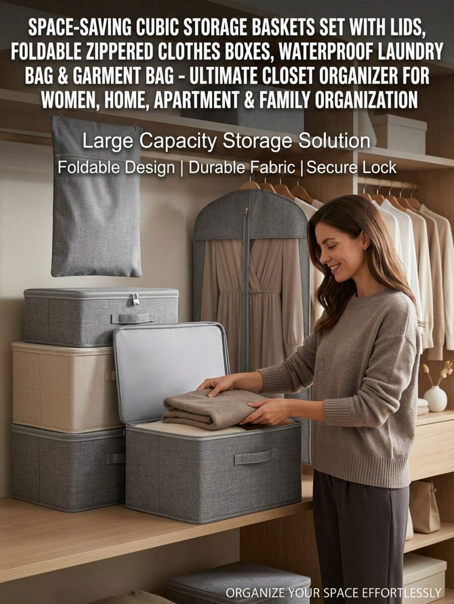 5 件套（S/M/L/XL/XXL 尺码可选）可折叠拉链防尘阳离子面料牛津布衣物收纳盒，实用家居风格，中性色立方体造型，底部采用 PP 板，配有顺滑滑动提手和安全锁——适用于衣柜和公寓
