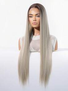 Perruque synthétique lace front de 30 pouces, cheveux longs et droits, racines foncées, pré-épilée, résistante à la chaleur, sans colle, aspect naturel, légère et respirante, lisse et facile à porter pour un usage quotidien, fête ou cosplay - Ombré - Voir 6