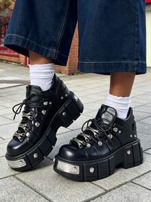 Women's Goth Platform Punk Ankle Boots Metal Deco Rivet Lace-Up Round Toe High Heel Sneakers Thick Soft Sole Bottom Street Rock Booties - màu đen - Xem 1