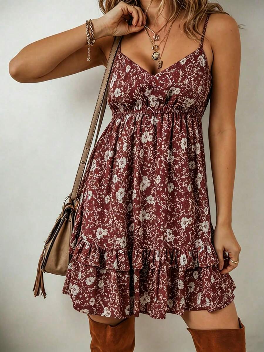 Váy đi biển phong cách Bohemian họa tiết hoa, gấu bèo nhún, thanh lịch cho mùa hè - Màu Đỏ Sâu - Xem 1