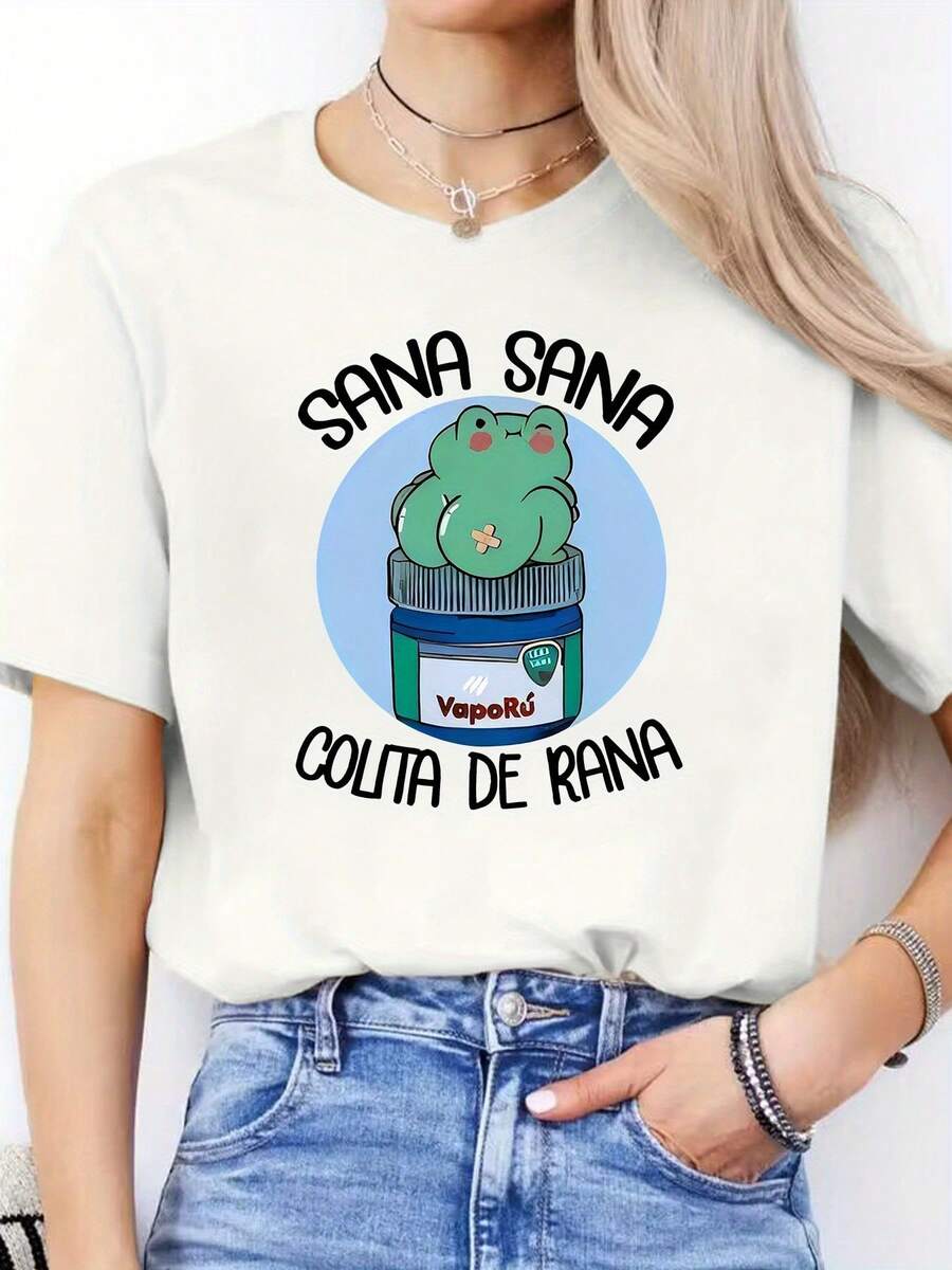 Camiseta Casual de Primavera/Verano para Hombre con Estampado de Letras Españolas, Cuello Redondo, Manga Corta, Deportiva, Top para Mujer, Uso Diario - Blanco - Ver 1