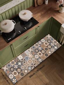 1 buah Keset Lantai Dapur Silika Gel Motif Kayu Vintage, Terinspirasi dari Desain Ubin Retro, Menampilkan Pola Bunga Geometris dalam Warna Cokelat, Abu-abu, Biru, dan Putih, dengan Tepi Trim Hitam, Cocok untuk Alur Lalu Lintas Dapur dan Dekorasi Anti-Selip, Menambahkan Suasana Vintage yang Nyaman ke Ruangan - MultiWarna - View 14