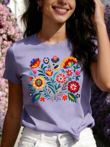 Mexican-Style T-Shirt With A Colorful Floral Print Featuring Festive Motifs, Casual Short-Sleeved Top With A Round Neck For Women. DWRM - 淺紫色 - 查看 2