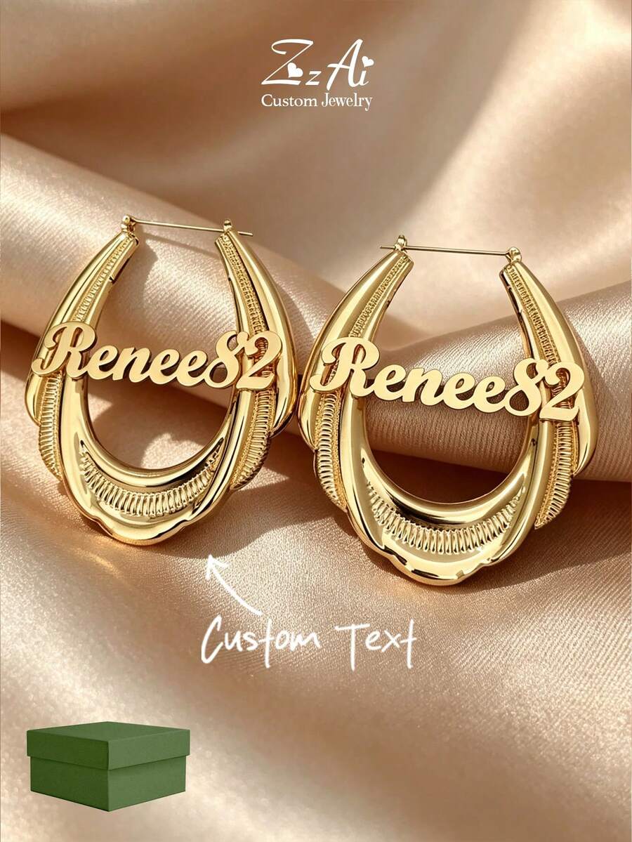 1 pieza Pendientes personalizados con nombre, pendientes con letra, pendientes con nombre personalizado, pendientes grandes, regalo personalizado para mamá, regalo de joyería - Multicolor - Ver 1