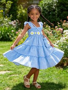 Girls' Sleeveless Daisy & Plaid Print Dress With Bag, Casual Outfit For Daily Wear, Summer - Baby Blue - View 4