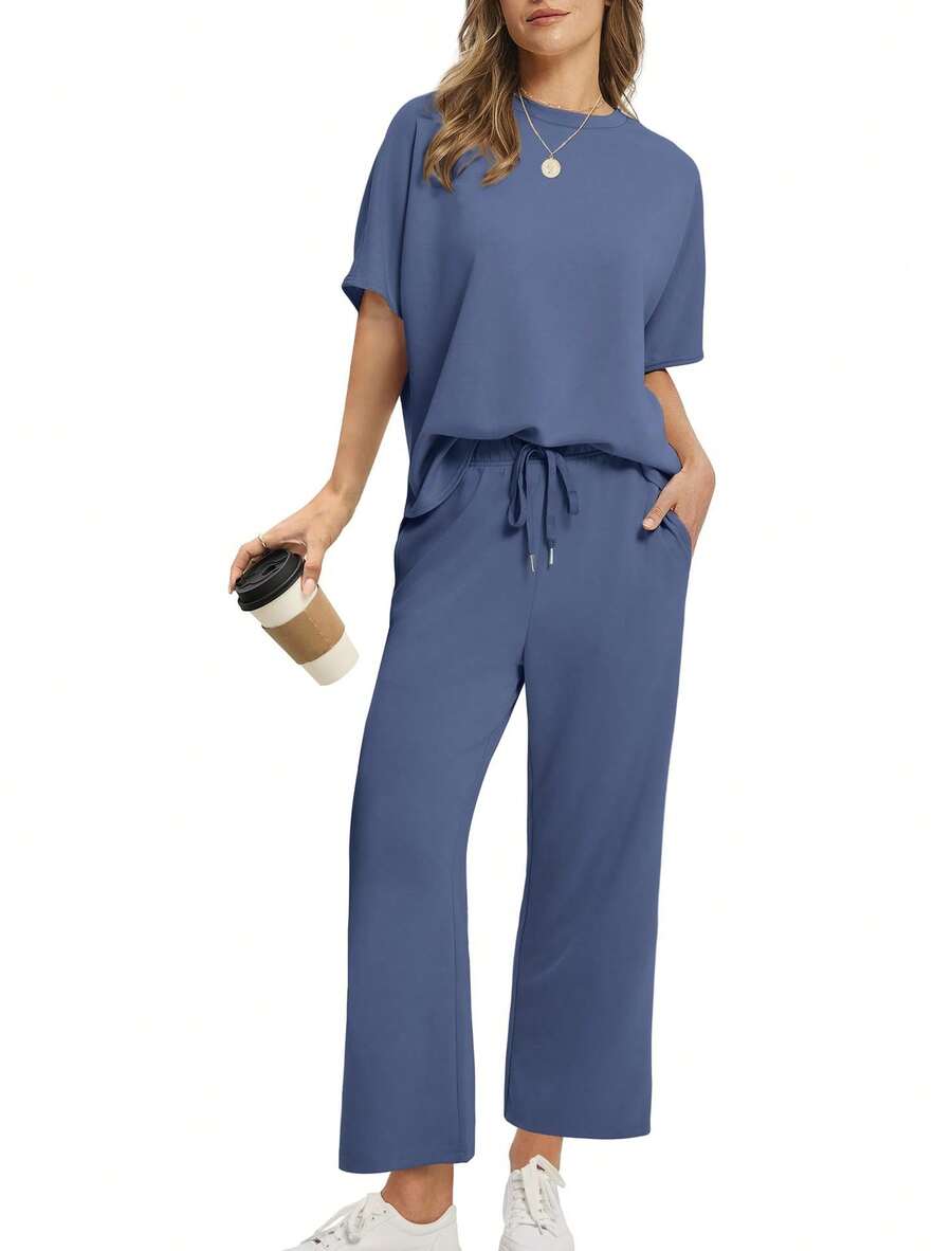 Women's Two Piece Set Round Neck Top And Cropped Wide Leg Pants Oversized Casual Summer Outfit - Royal Blue - View 1