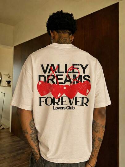  Fractyr Men "Valley Dreams Forever" Cherry Heart Print Front & Back Oversized T-Shirt, Soft Touch Beige Washed Casual Streetwear Tee, Retro Love Aesthetic