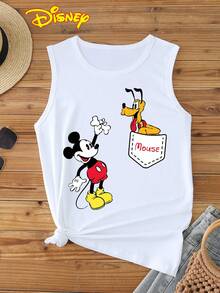 Disney 1pc Women's Cartoon Mickey Mouse Print Sleeveless T-Shirt, Round Neck, Stretchy, Suitable For Daily Wear, Easy Care Material, Fashionable Casual Ladies Vest Top - White - View 1