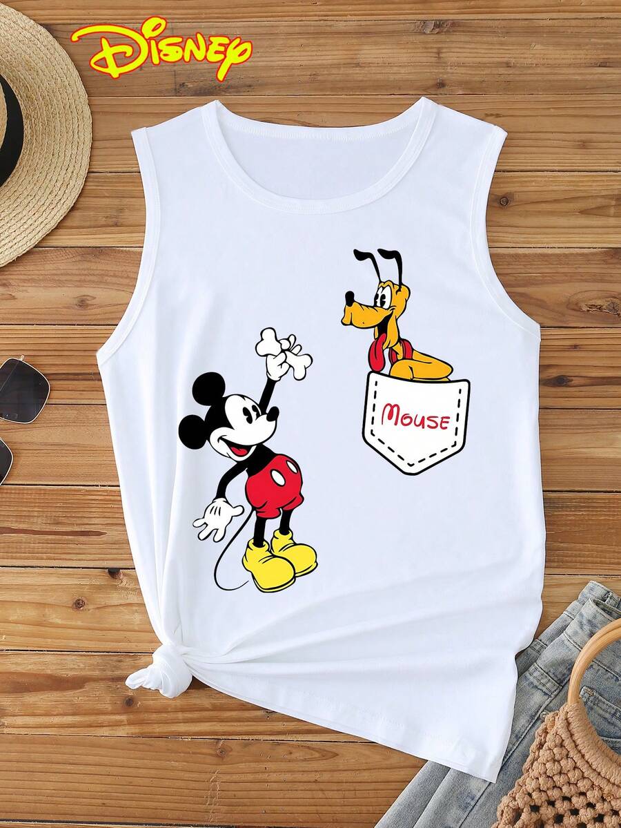 Disney 1pc Women's Cartoon Mickey Mouse Print Sleeveless T-Shirt, Round Neck, Stretchy, Suitable For Daily Wear, Easy Care Material, Fashionable Casual Ladies Vest Top - White - View 1