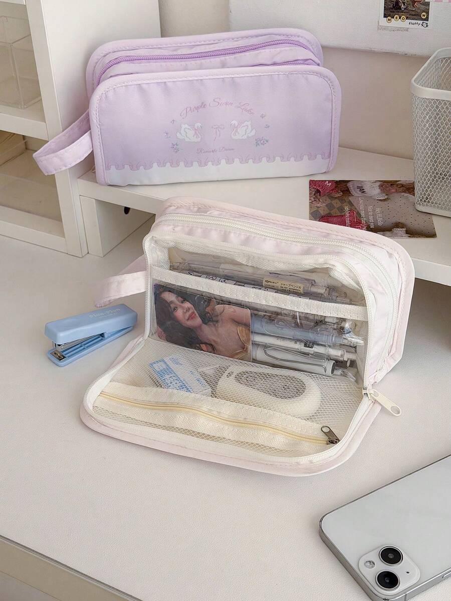 Tempat Pensil Motif Domba & Angsa yang Lembut dan Lucu, Tas Penyimpanan Alat Tulis Siswa Portabel Gaya Feminin yang Lembut - Beraneka warna - View 1