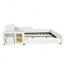 Upholstered Children's Bed With Desk And Stool, With Storage Shelf, Soft Headboard, Children's Bed With Wooden Slatted Base, Velvet, White, 140x200cm - White - View 9