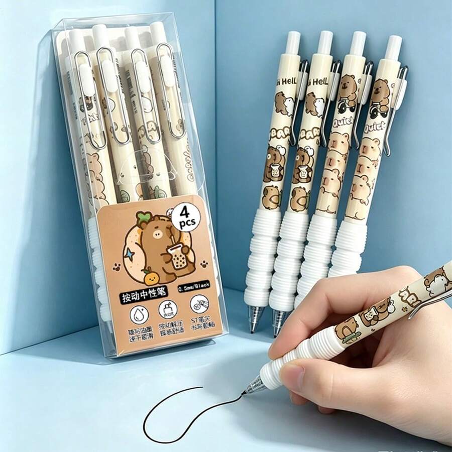 Bộ 4 bút bi bấm đầu 0.5mm mực đen họa tiết hoạt hình dễ thương, đồ dùng học tập cho năm học mới. - Nhiều màu - Xem 1