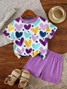 2pcs/Set Infant Girls' 0-3 Years Old Colorful Heart Print Top + Solid Color Shorts, Casual & Simple, Suitable For Daily Wear In Summer - Purple - View 2