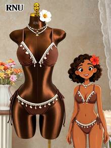 RNU Vintage Brown Lace Trim Spaghetti Strap Bikini 2-Piece Set, Elegant Handmade Bow Tie Side Strap Thong Swimsuit, Retro Boho Style Women's Swimwear, Romantic Crochet Hollow Out Beach Dress, Perfect For Tropical Summer Vacation, Beach Pool Party, Seaside Holiday, Resort Wear, High-Waisted Y2K Style Swimsuit, Women Casual Swimwear - Brown - View 8
