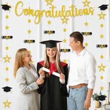 Graduation Decorations Class 2026 Grad - 7 Pcs Glitter Gold Congraduations Graduat Cap Banners Star Hanging Swirls Streamers Party Supplies For Senior High School College Congrats Decor - Vàng - Xem 4