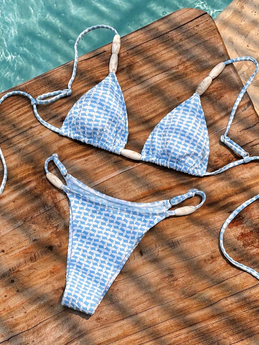 2026 Women's Casual Bohemian Style Beaded Spaghetti Strap Bikini Set, Textured Fabric Wireless Design, Suitable For Beach Vacation - Blue and White - View 1