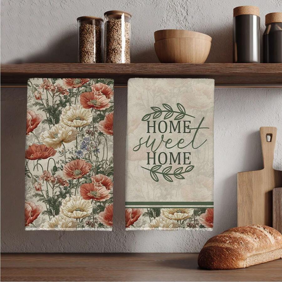 MEMNUN 2入組復古花卉罌粟花插圖 Home Sweet Home 文字圖案廚房毛巾 40*60cm/45*70cm 柔軟超細纖維材質 洗碗布 刷洗墊 手巾 廚房與浴室日常家居裝飾 適合廚房與餐廳裝飾 全季節適用 - 彩色 - 查看 1