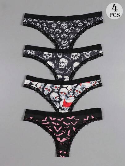  Dircho 4pcs Sexy Cute Gothic Contrast Lace Women Thongs, Halloween Skull & Eyeballs & Mushrooms & Bats Allover Print Comfy Silky Intimates Panties, Women's Underwear & Lingerie