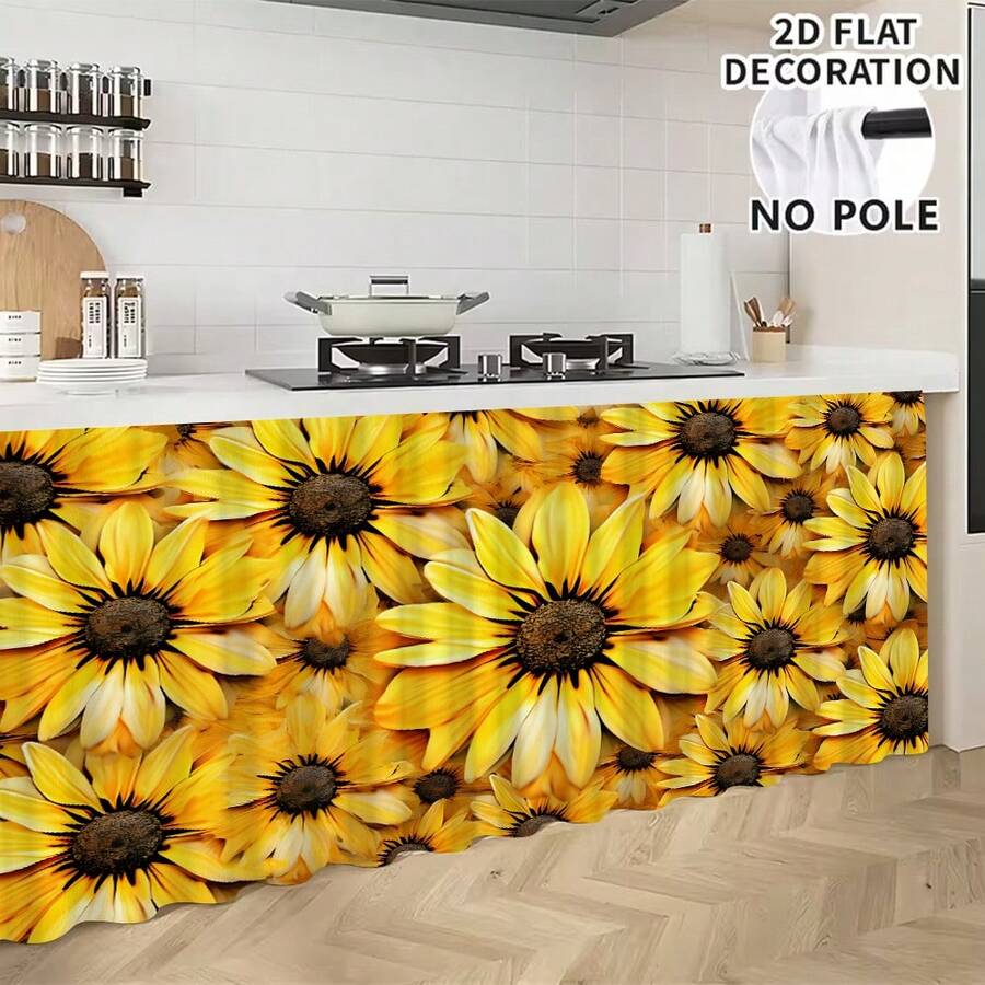 1pc, Home Decor, Sunflower Pattern Printed Table Skirt, Kitchen Small Curtain, Kitchen Cabinet Cover, With Curtain Holes, Easy To Hang, Rectangular, Machine Woven, Machine Washable, Kitchen Decoration And Accessories, Perfect For Kitchen Cabinets And Home Decor - Multicolor - View 1