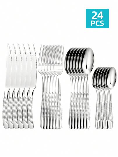 4 pièces/24 pièces Set de couverts en acier inoxydable, couteau, fourchette et cuillère, convient pour la maison, le restaurant, l'hôtel, la cuisine, cadeau de Noël, fournitures scolaires