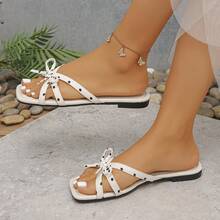 Women's Casual Flat Slip-On Slippers, Nameplate Decor Dual-Tone, Fashionable Elegant Ladies Sandals, Minimalist Open Toe, Suitable For Beach & Daily Wear In Summer - White - View 7