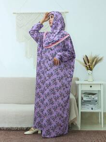 女款長袖連帽晨袍,優雅花卉印花梭織面料,飾有精緻貼花,度假風 - 彩色 - 查看 6