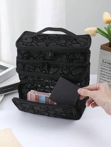 Black Minimalist Fashion Mesh Heart Pattern, Large Capacity Multi-Function 3-Layer Makeup Bag, Single Handle Multi-Pocket Convenient Design, Foldable Storage Bag, Compartment Storage - Black - View 5