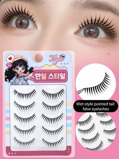 5 Pairs Pointed Tip Wet Look Cartoon Eyelashes, Fluffy Curly Mini Devil One-Piece Hard Stem Support Full Strip Lashes, Suitable For Beginners, Sweet Doll Big Eyes