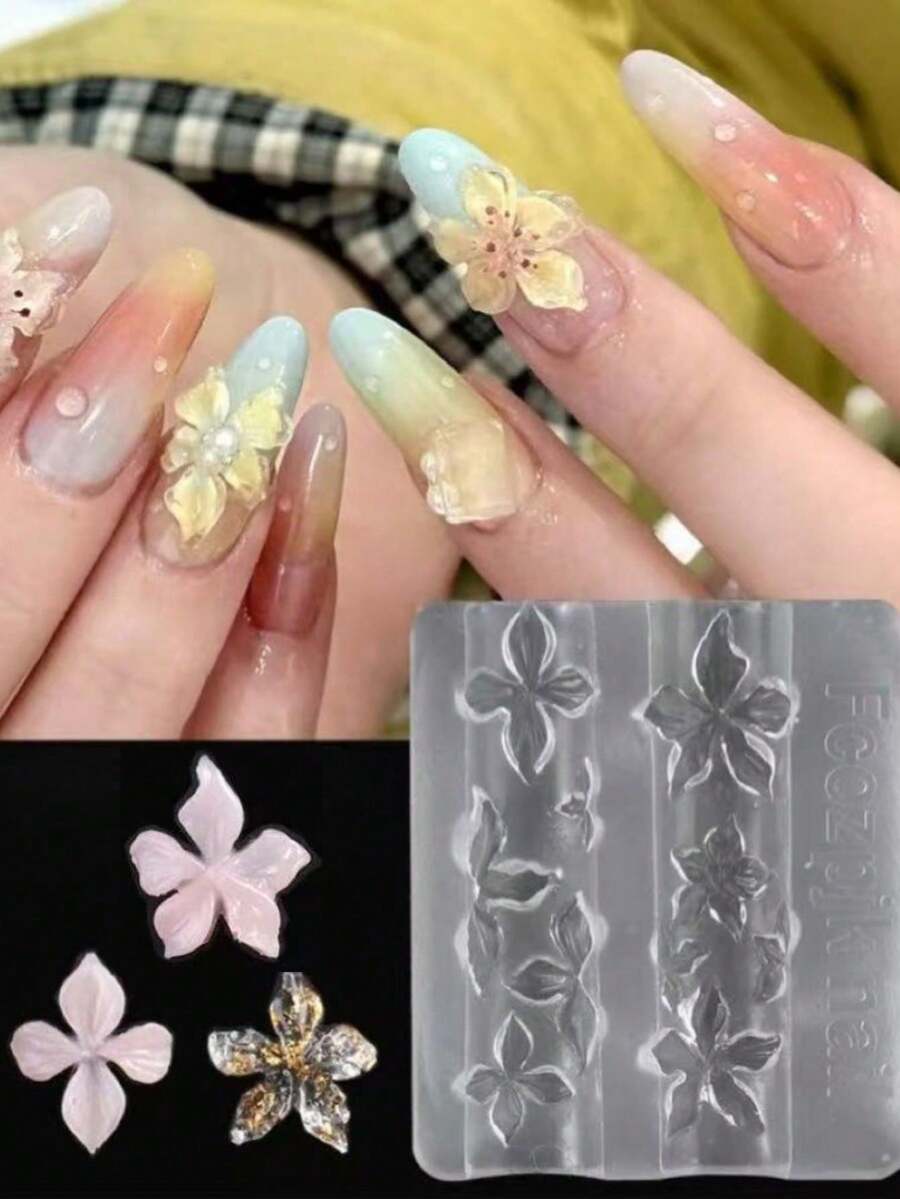 1个3D立体花朵美甲硅胶雕刻模具，包含百合、樱花等多种图案，适用于美甲DIY工具 - 彩色 - 查看 1